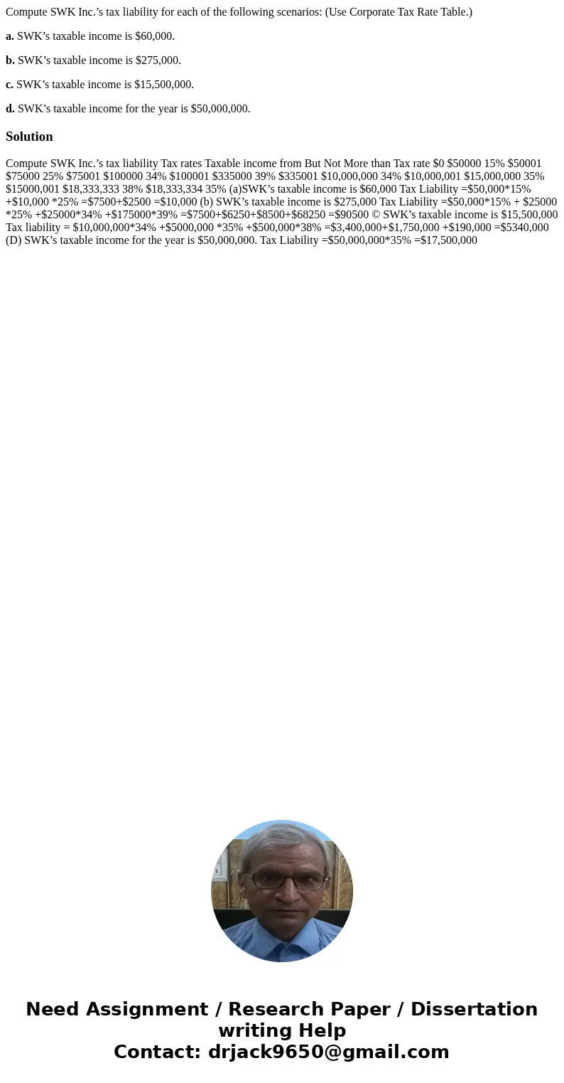 Compute SWK Inc.’s tax liability for each of the following scenarios: (Use Corporate Tax Rate Table.) a. SWK’s taxable income is $60,000. b. SWK’s taxable incom