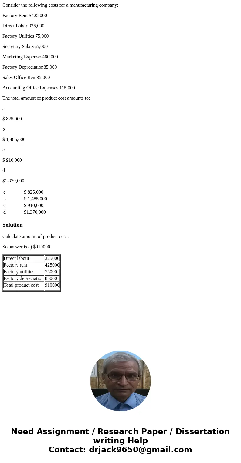 Consider the following costs for a manufacturing company: Factory Rent $425,000 Direct Labor 325,000 Factory Utilities 75,000 Secretary Salary65,000 Marketing E Consider the following costs for a manufacturing company: Factory Rent $425,000 Direct Labor 325,000 Factory Utilities 75,000 Secretary Salary65,000 Marketing E