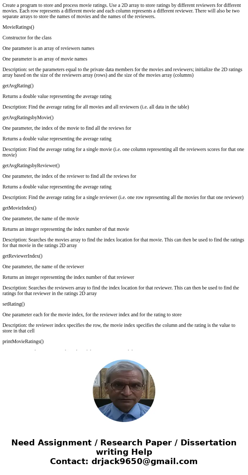 Create a program to store and process movie ratings. Use a 2D array to store ratings by different reviewers for different movies. Each row represents a differen Create a program to store and process movie ratings. Use a 2D array to store ratings by different reviewers for different movies. Each row represents a differen