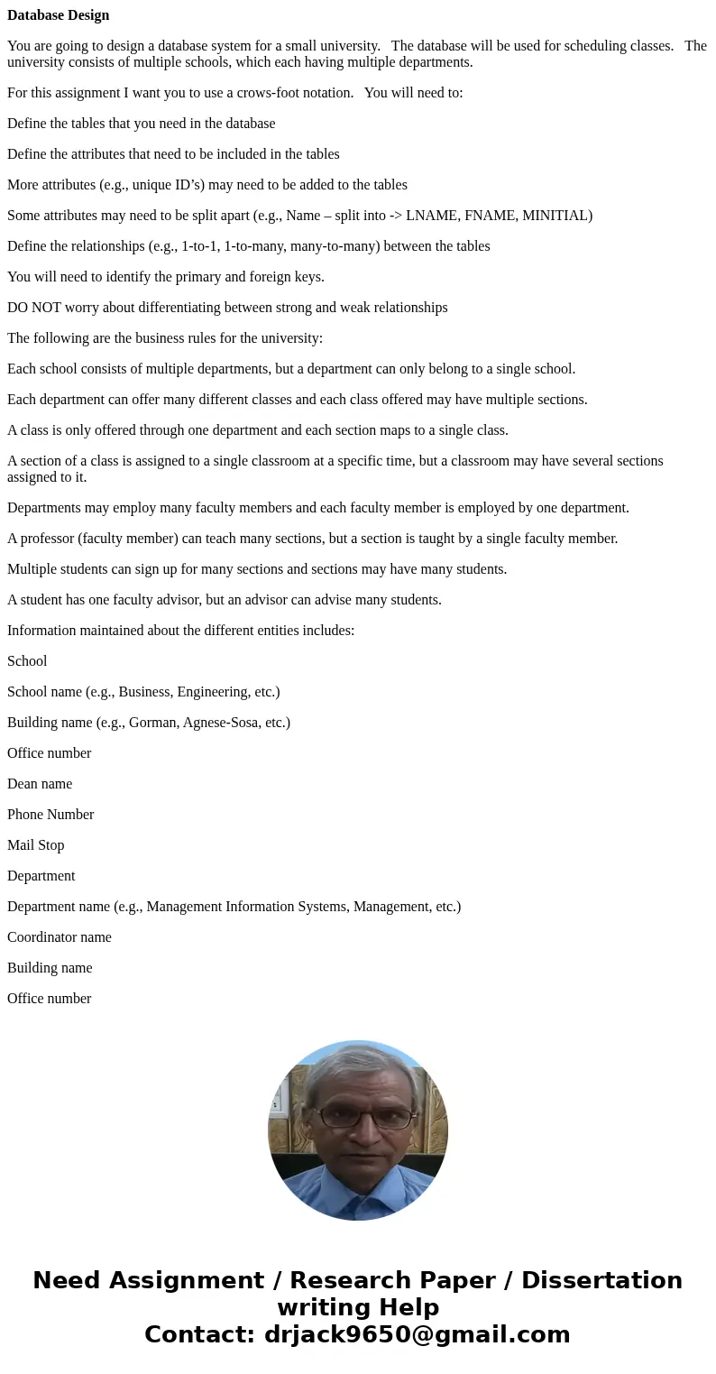 Database Design You are going to design a database system for a small university. The database will be used for scheduling classes. The university consists of m Database Design You are going to design a database system for a small university. The database will be used for scheduling classes. The university consists of m