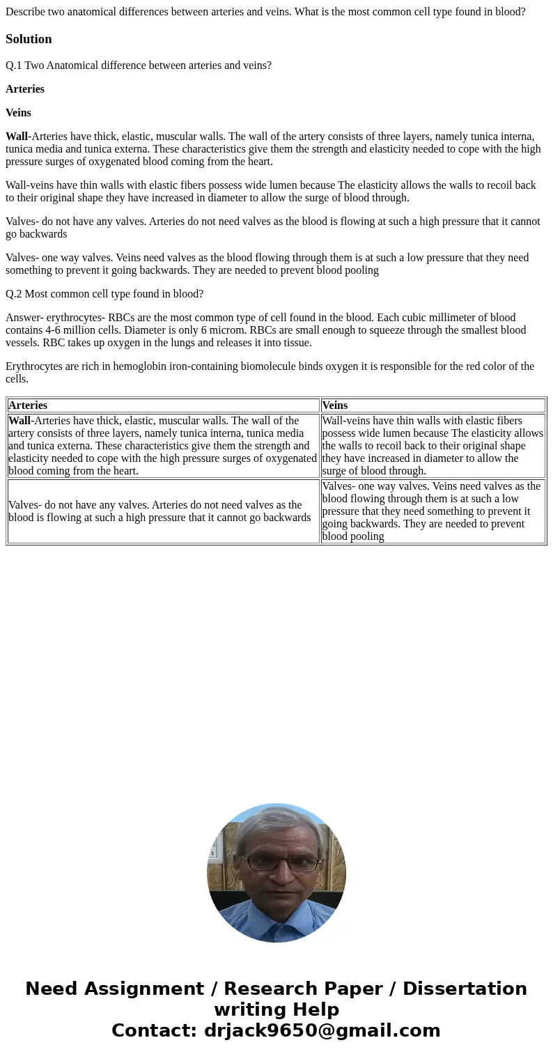 Describe two anatomical differences between arteries and veins. What is the most common cell type found in blood?SolutionQ.1 Two Anatomical difference between 