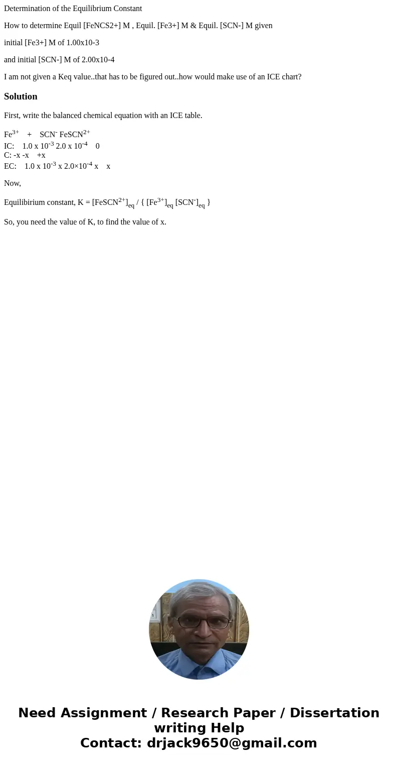 Determination of the Equilibrium Constant How to determine Equil [FeNCS2+] M , Equil. [Fe3+] M & Equil. [SCN-] M given initial [Fe3+] M of 1.00x10-3 and ini