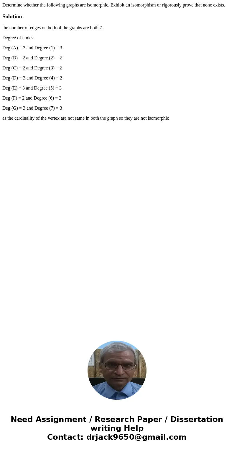 Determine whether the following graphs are isomorphic. Exhibit an isomorphism or rigorously prove that none exists. Solutionthe number of edges on both of the   Determine whether the following graphs are isomorphic. Exhibit an isomorphism or rigorously prove that none exists. Solutionthe number of edges on both of the