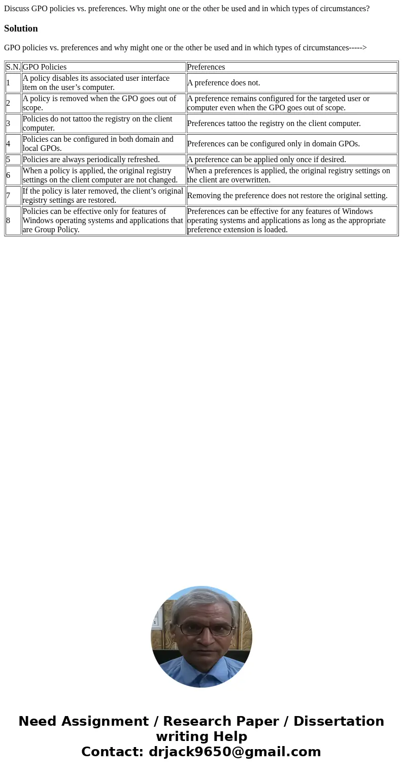 Discuss GPO policies vs. preferences. Why might one or the other be used and in which types of circumstances?SolutionGPO policies vs. preferences and why might  Discuss GPO policies vs. preferences. Why might one or the other be used and in which types of circumstances?SolutionGPO policies vs. preferences and why might