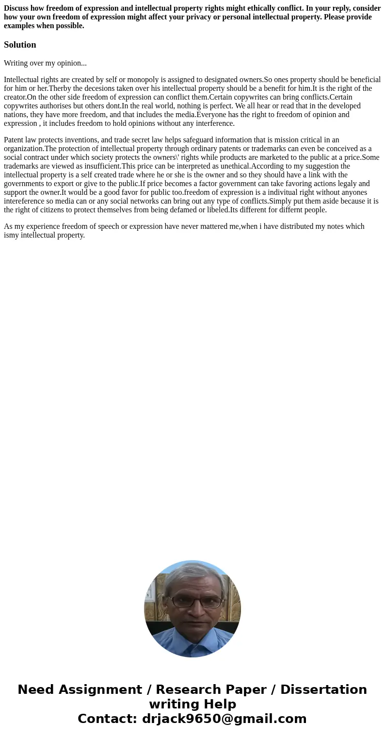 Discuss how freedom of expression and intellectual property rights might ethically conflict. In your reply, consider how your own freedom of expression might af