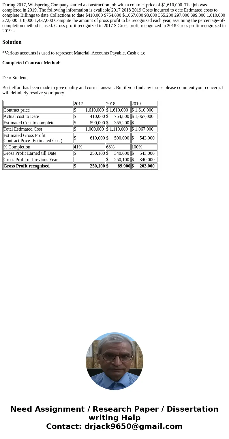 During 2017, Whispering Company started a construction job with a contract price of $1,610,000. The job was completed in 2019. The following information is ava  During 2017, Whispering Company started a construction job with a contract price of $1,610,000. The job was completed in 2019. The following information is ava