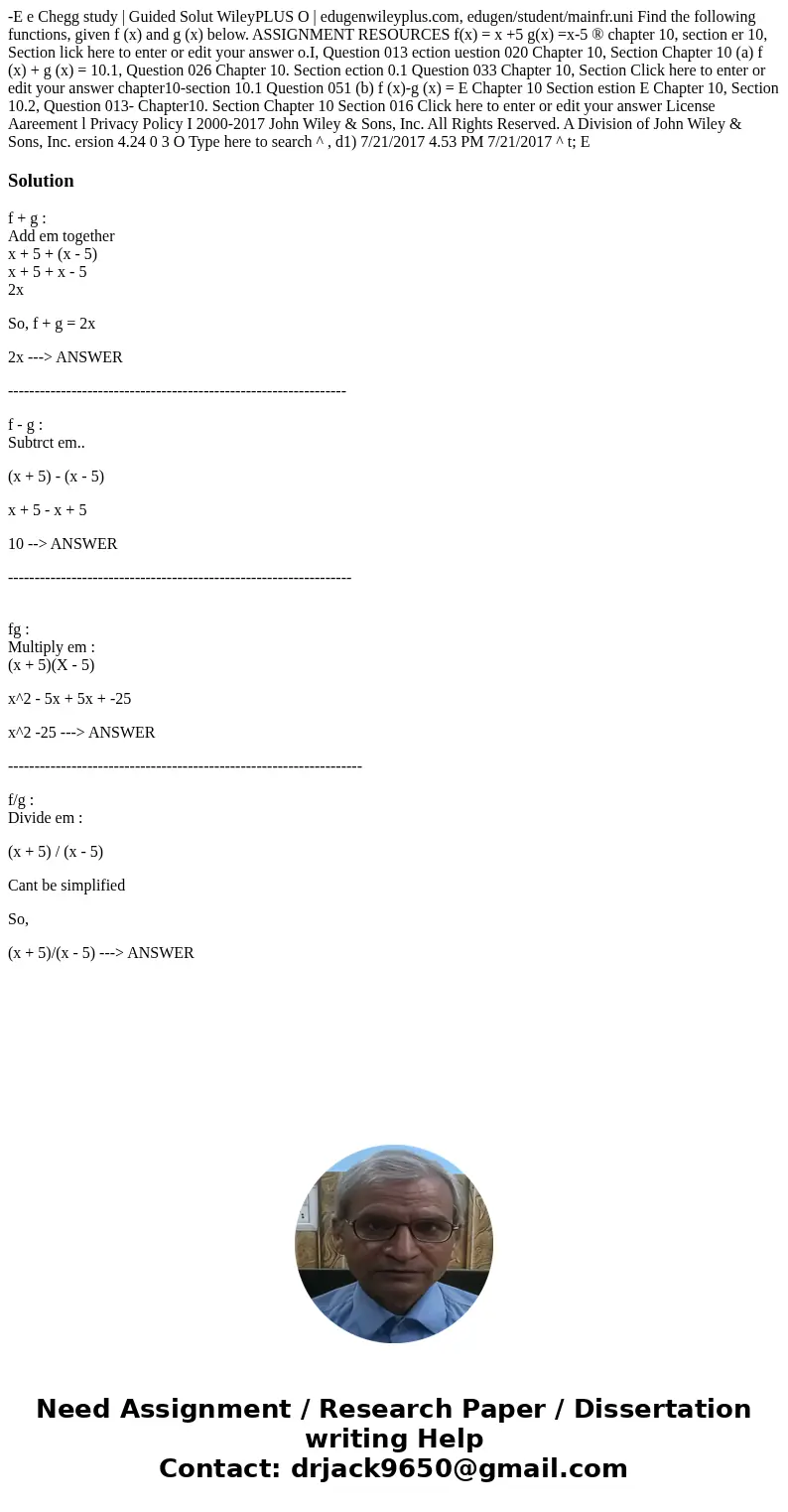 -E e Chegg study | Guided Solut WileyPLUS O | edugenwileyplus.com, edugen/student/mainfr.uni Find the following functions, given f (x) and g (x) below. ASSIGNM  -E e Chegg study | Guided Solut WileyPLUS O | edugenwileyplus.com, edugen/student/mainfr.uni Find the following functions, given f (x) and g (x) below. ASSIGNM