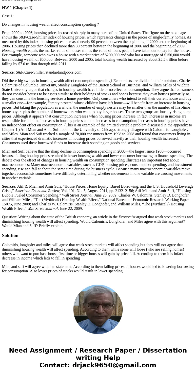 ECON 212 Spring 2017 HW 1 (Chapter 1) Case 1: Do changes in housing wealth affect consumption spending ? From 2000 to 2006, housing prices increased sharply in  ECON 212 Spring 2017 HW 1 (Chapter 1) Case 1: Do changes in housing wealth affect consumption spending ? From 2000 to 2006, housing prices increased sharply in