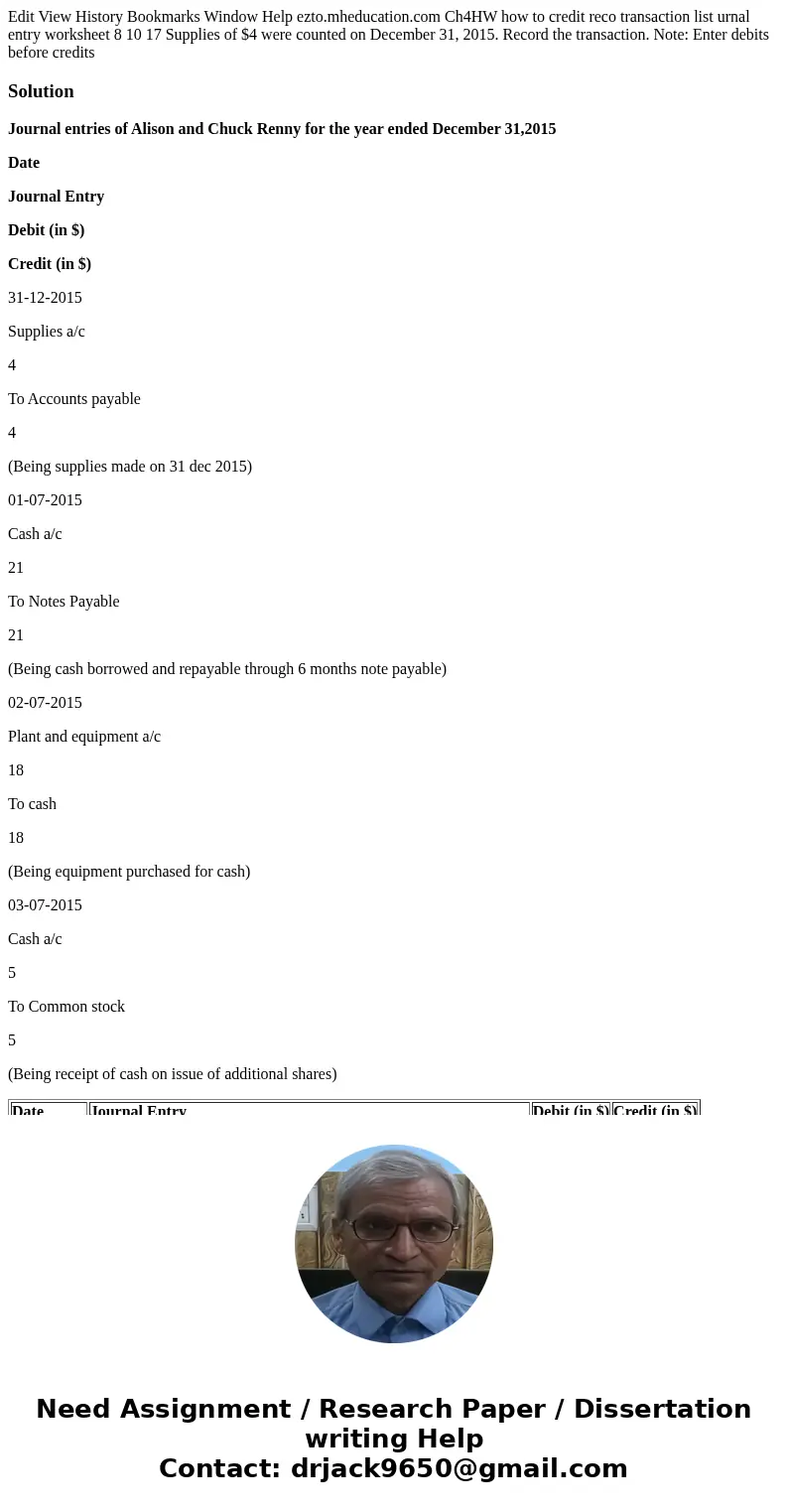 Edit View History Bookmarks Window Help ezto.mheducation.com Ch4HW how to credit reco transaction list urnal entry worksheet 8 10 17 Supplies of $4 were counte  Edit View History Bookmarks Window Help ezto.mheducation.com Ch4HW how to credit reco transaction list urnal entry worksheet 8 10 17 Supplies of $4 were counte