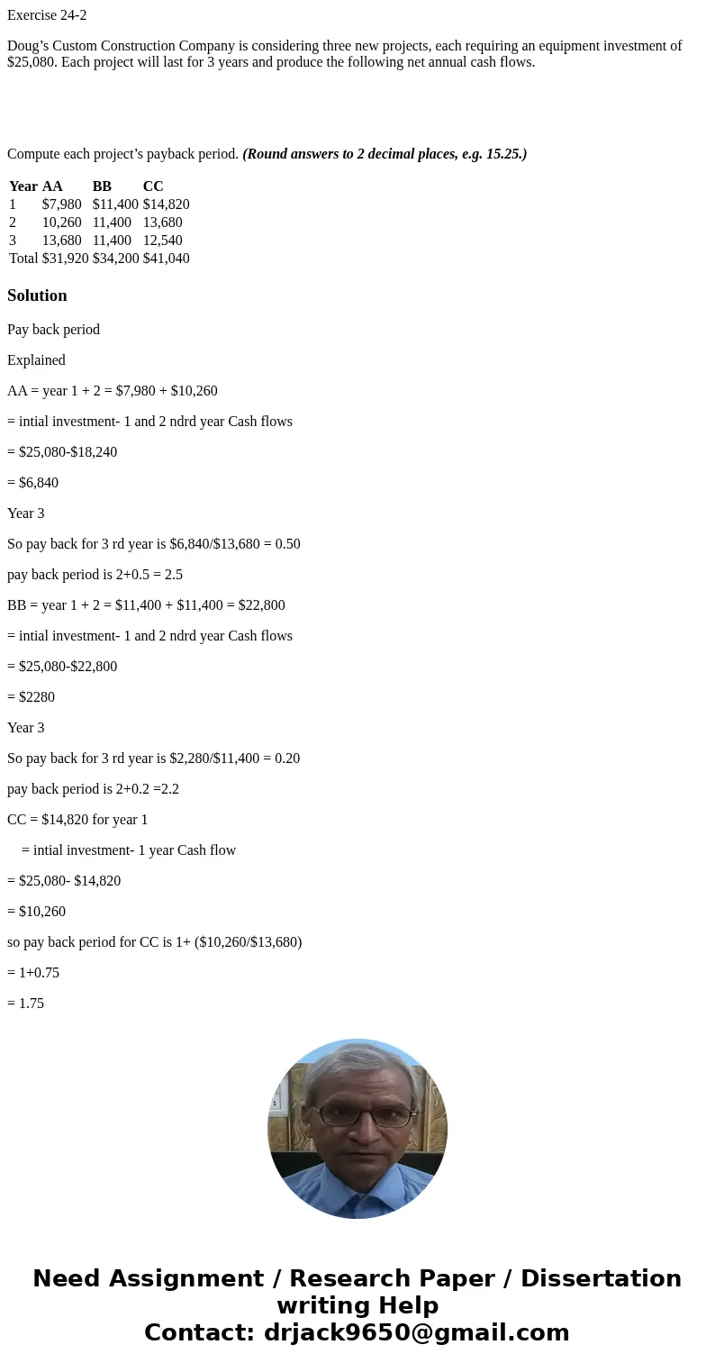 Exercise 24-2 Doug’s Custom Construction Company is considering three new projects, each requiring an equipment investment of $25,080. Each project will last fo