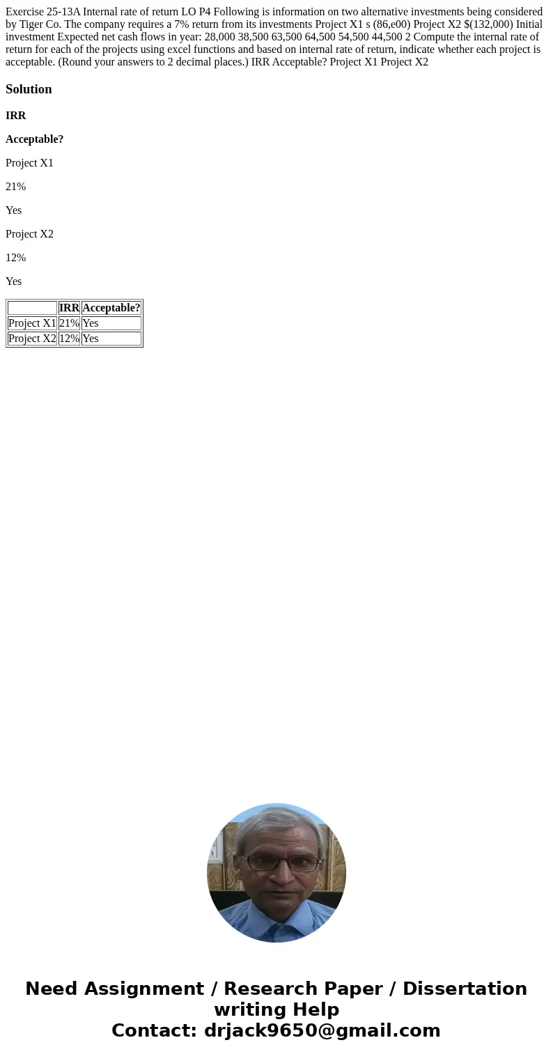  Exercise 25-13A Internal rate of return LO P4 Following is information on two alternative investments being considered by Tiger Co. The company requires a 7% r