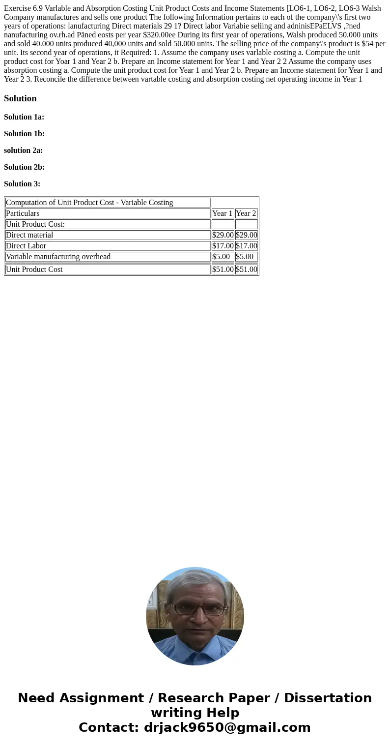  Exercise 6.9 Varlable and Absorption Costing Unit Product Costs and Income Statements [LO6-1, LO6-2, LO6-3 Walsh Company manufactures and sells one product The