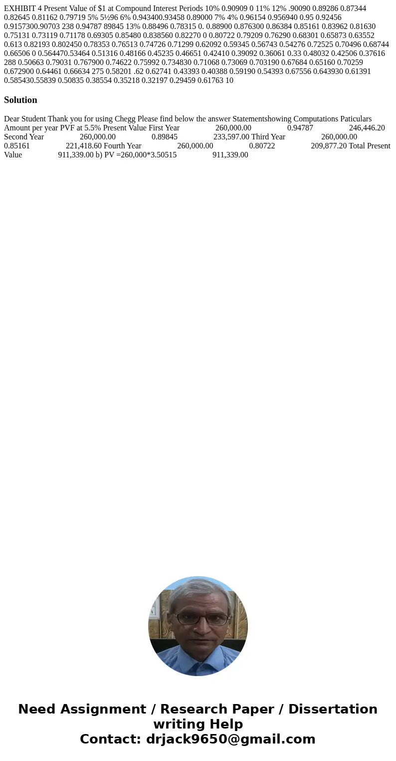  EXHIBIT 4 Present Value of $1 at Compound Interest Periods 10% 0.90909 0 11% 12% .90090 0.89286 0.87344 0.82645 0.81162 0.79719 5% 5½96 6% 0.943400.93458 0.890