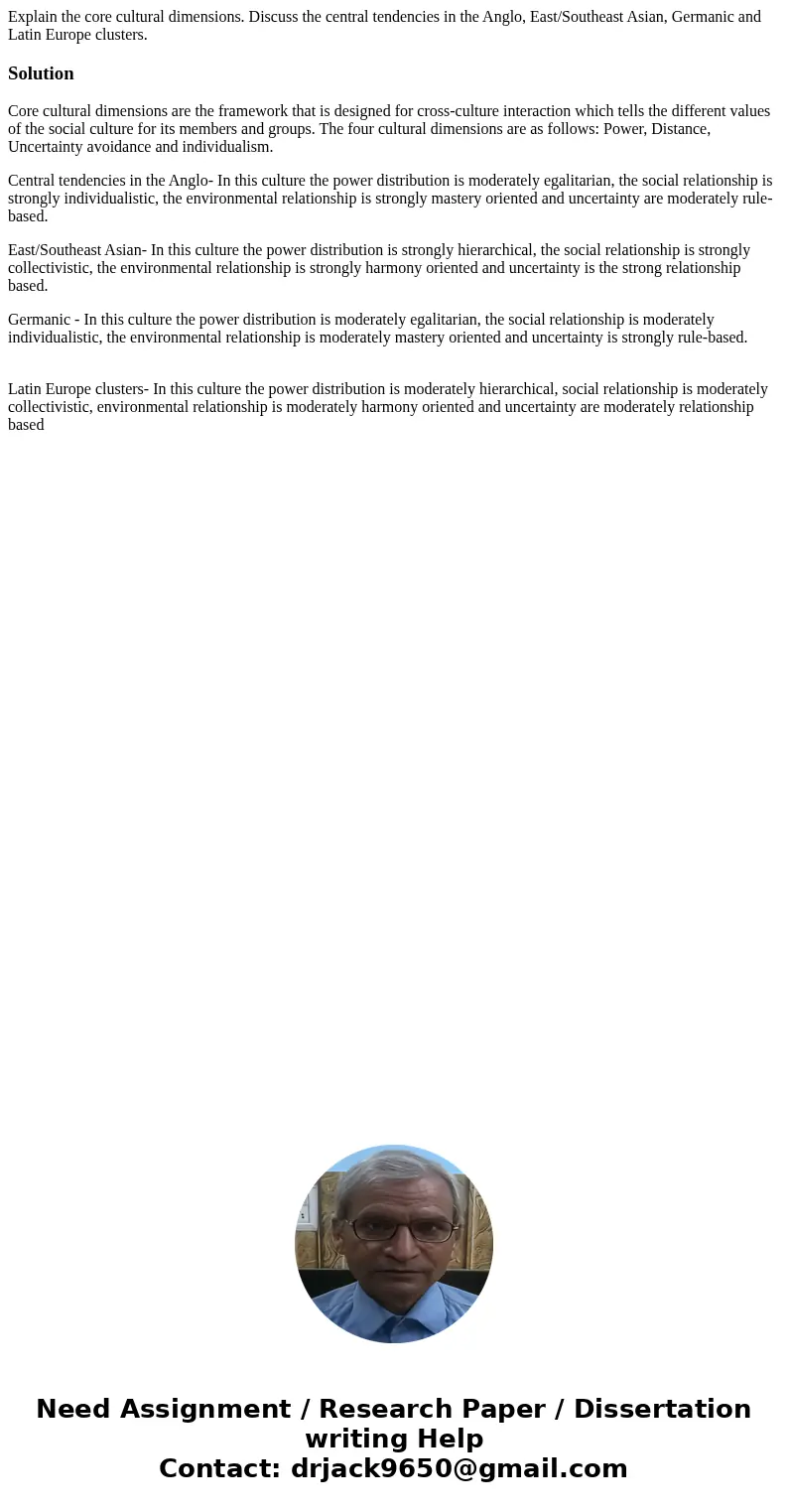 Explain the core cultural dimensions. Discuss the central tendencies in the Anglo, East/Southeast Asian, Germanic and Latin Europe clusters.SolutionCore cultura
