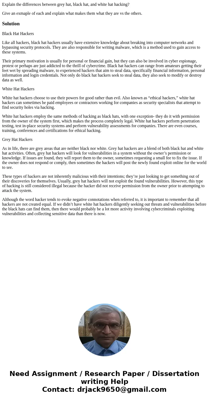 Explain the differences between grey hat, black hat, and white hat hacking? Give an exmaple of each and explain what makes them what they are vs the others.Solu Explain the differences between grey hat, black hat, and white hat hacking? Give an exmaple of each and explain what makes them what they are vs the others.Solu