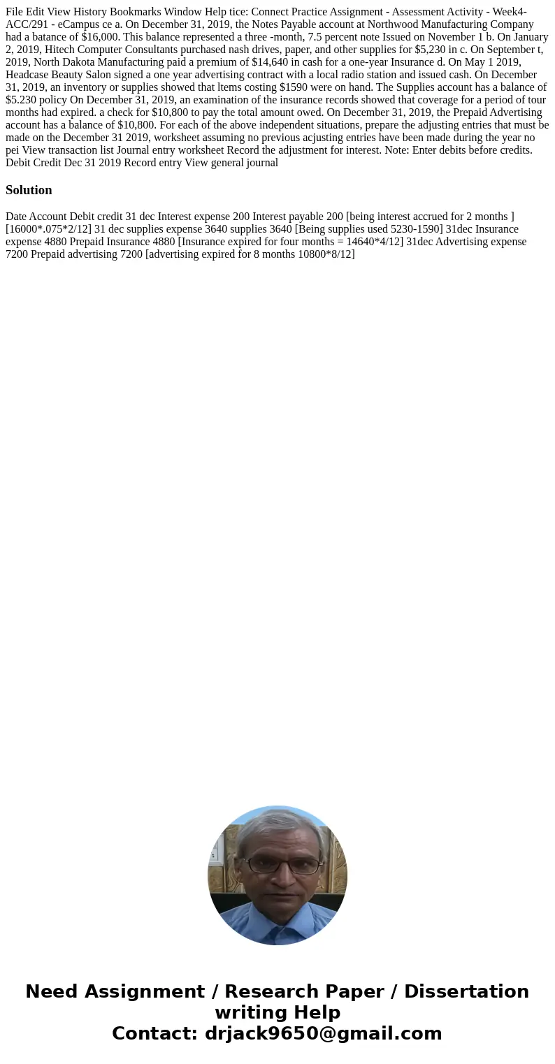 File Edit View History Bookmarks Window Help tice: Connect Practice Assignment - Assessment Activity - Week4- ACC/291 - eCampus ce a. On December 31, 2019, the  File Edit View History Bookmarks Window Help tice: Connect Practice Assignment - Assessment Activity - Week4- ACC/291 - eCampus ce a. On December 31, 2019, the