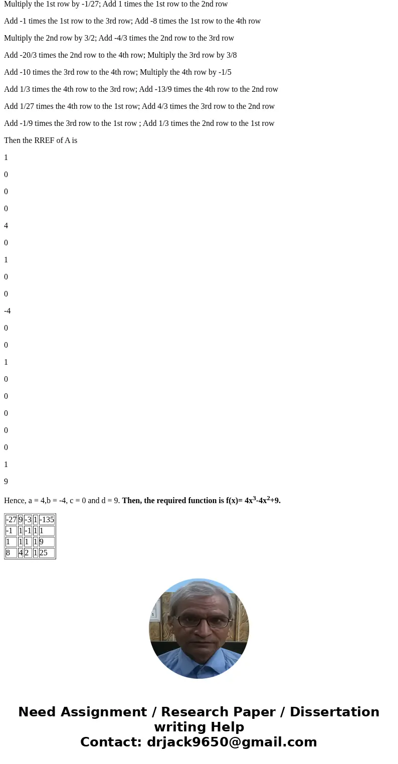  Find the function f(x) = ax^3 + bx^2 + cx + d for which f(-3) = -135, f(-1) = 1, f(1) = 9, and f(2) = 25. f(x) = (Simplify your answer.)SolutionWe get, on subs