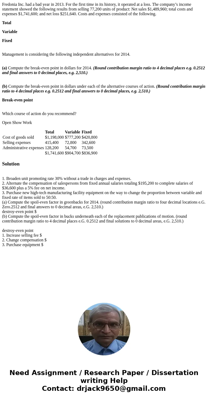 Fredonia Inc. had a bad year in 2013. For the first time in its history, it operated at a loss. The company’s income statement showed the following results from