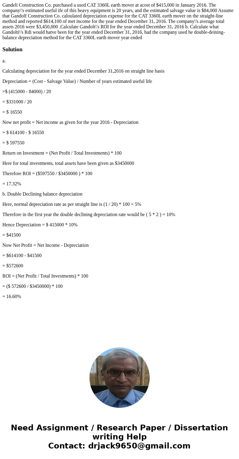  Gandeli Construction Co. purchased a used CAT 3360L earth mover at acost of $415,000 in January 2016. The company\'s estimated useful ife of this heavy equipme