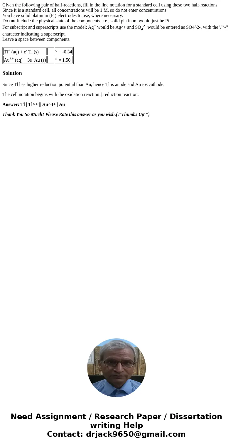 Given the following pair of half-reactions, fill in the line notation for a standard cell using these two half-reactions. Since it is a standard cell, all conce