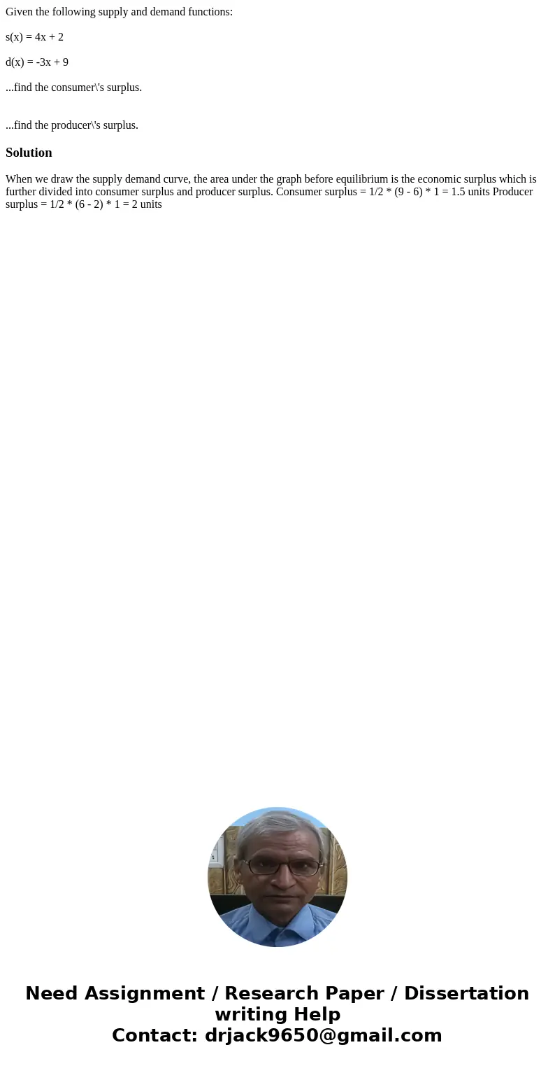 Given the following supply and demand functions: s(x) = 4x + 2 d(x) = -3x + 9 ...find the consumer\'s surplus. ...find the producer\'s surplus.Solution When we 