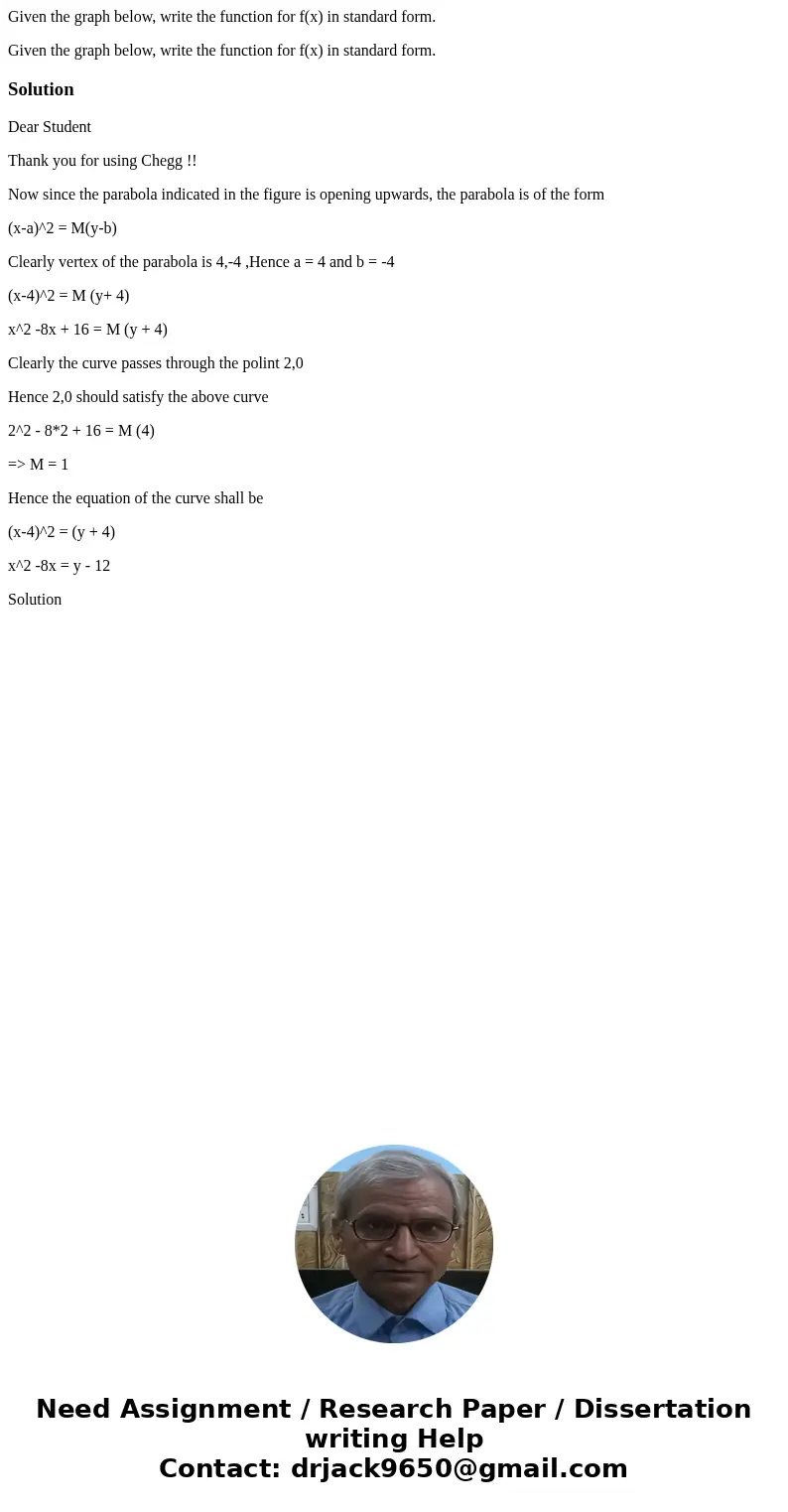 Given the graph below, write the function for f(x) in standard form. Given the graph below, write the function for f(x) in standard form. SolutionDear Student T Given the graph below, write the function for f(x) in standard form. Given the graph below, write the function for f(x) in standard form. SolutionDear Student T