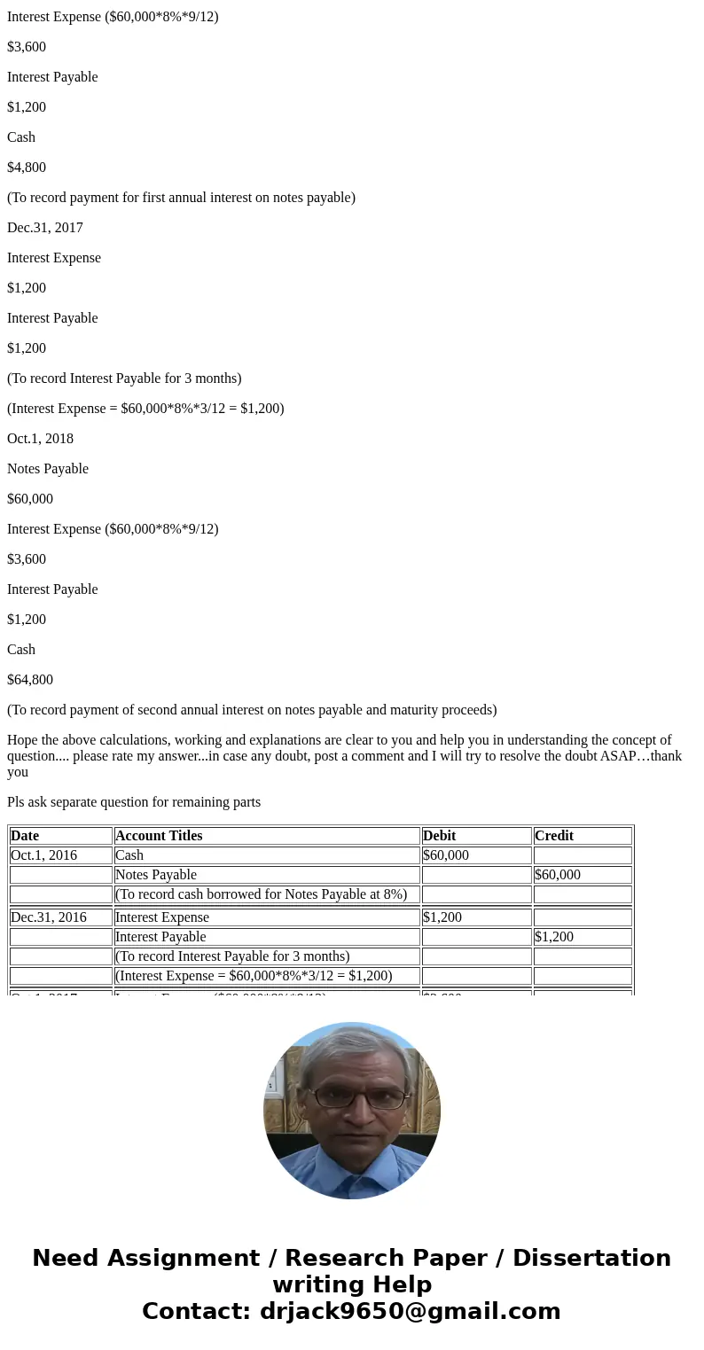 Harris Company borrowed $60,000 on a two-year, 8% note dated October 1, 2016.Interest is payable annually on October 1, 2017, and October 1, 2018, the maturity  Harris Company borrowed $60,000 on a two-year, 8% note dated October 1, 2016.Interest is payable annually on October 1, 2017, and October 1, 2018, the maturity