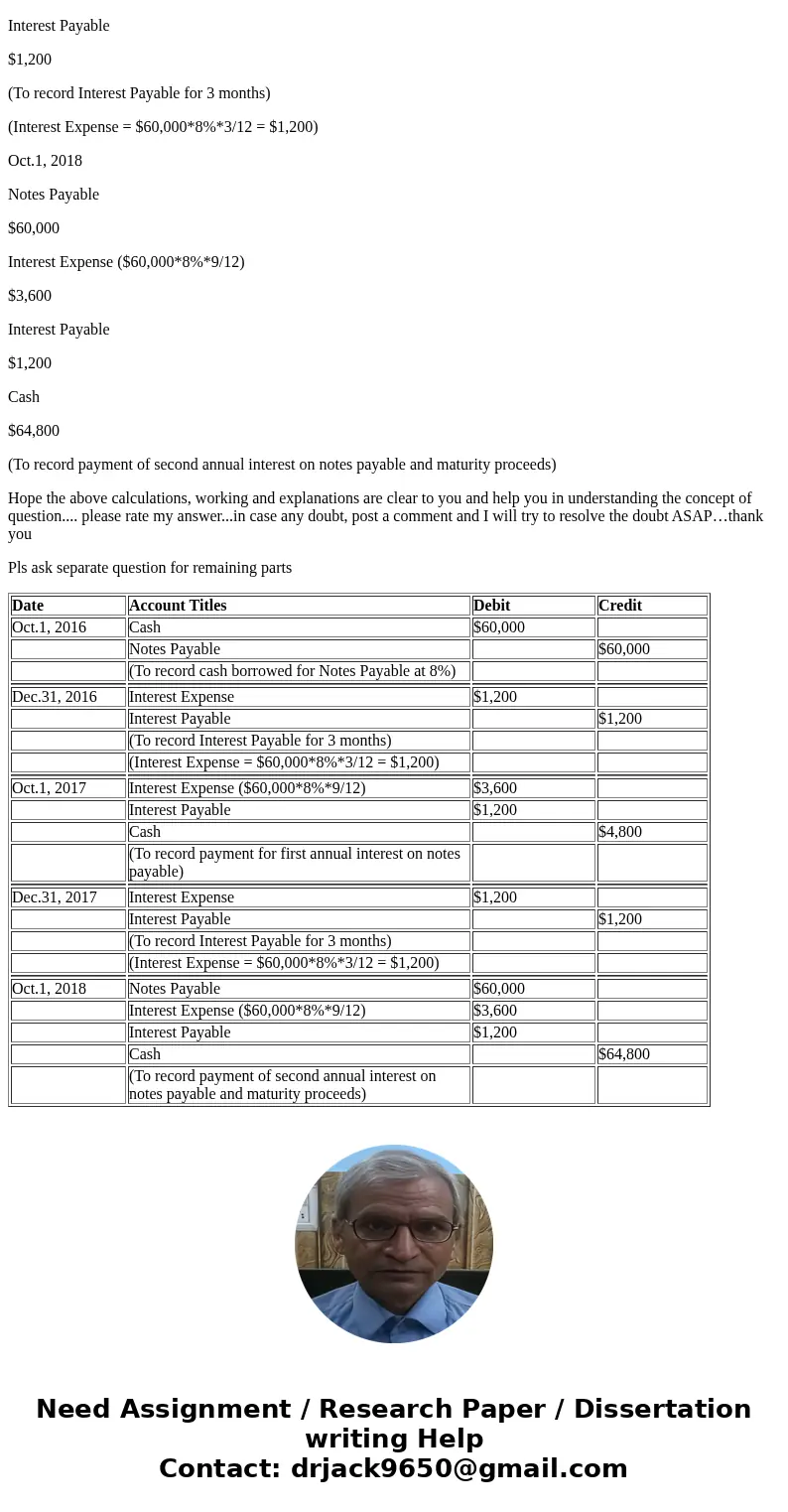 Harris Company borrowed $60,000 on a two-year, 8% note dated October 1, 2016.Interest is payable annually on October 1, 2017, and October 1, 2018, the maturity  Harris Company borrowed $60,000 on a two-year, 8% note dated October 1, 2016.Interest is payable annually on October 1, 2017, and October 1, 2018, the maturity