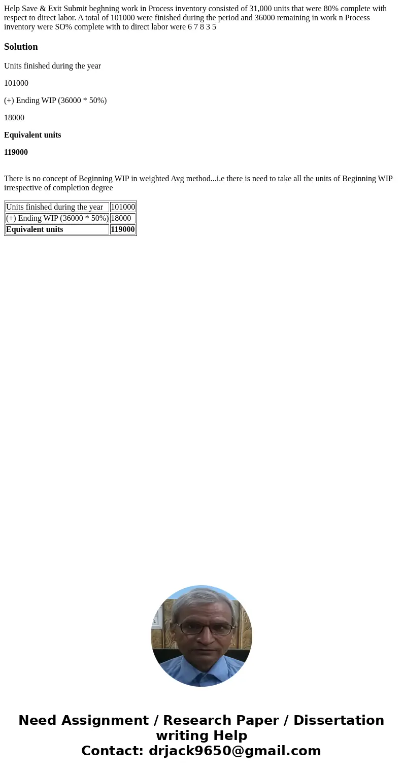  Help Save & Exit Submit beghning work in Process inventory consisted of 31,000 units that were 80% complete with respect to direct labor. A total of 101000