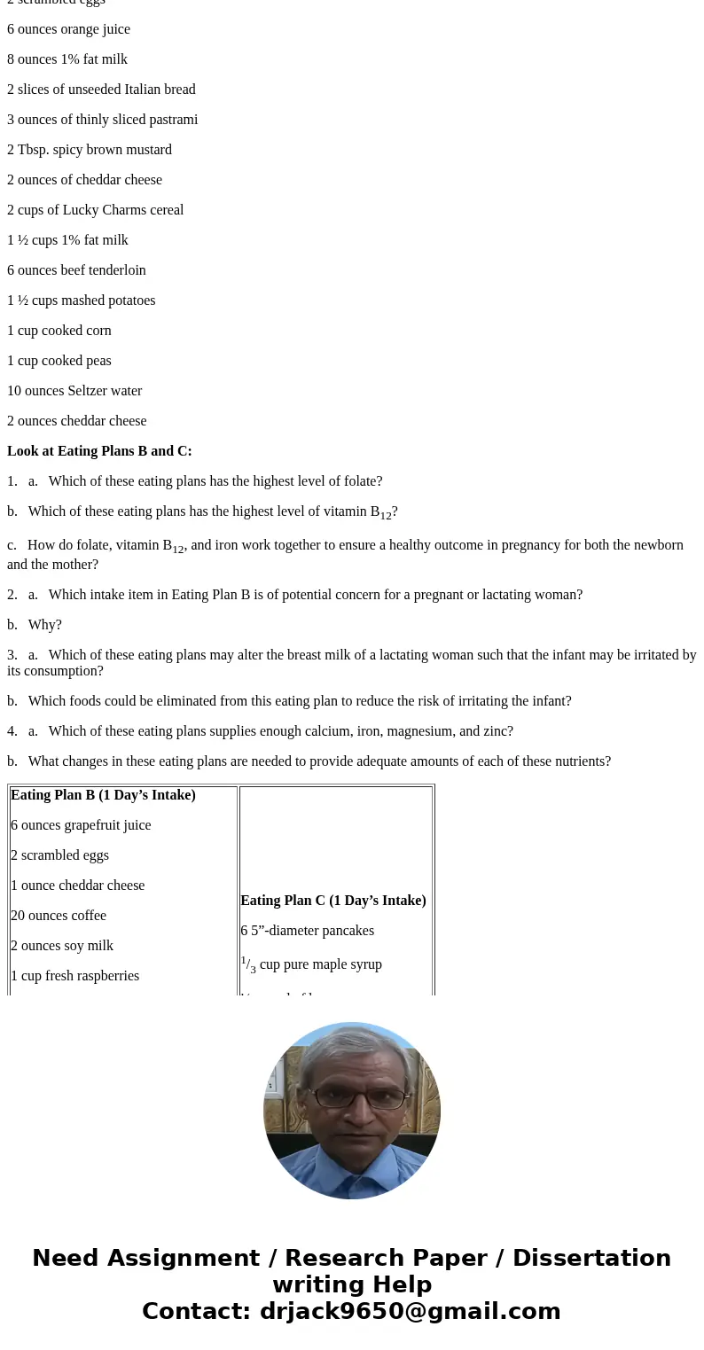 Help with this Human Nutrition assignment Examine the following meal plans for a pregnant woman and answer the following questions Eating Plan B (1 Day’s Intake