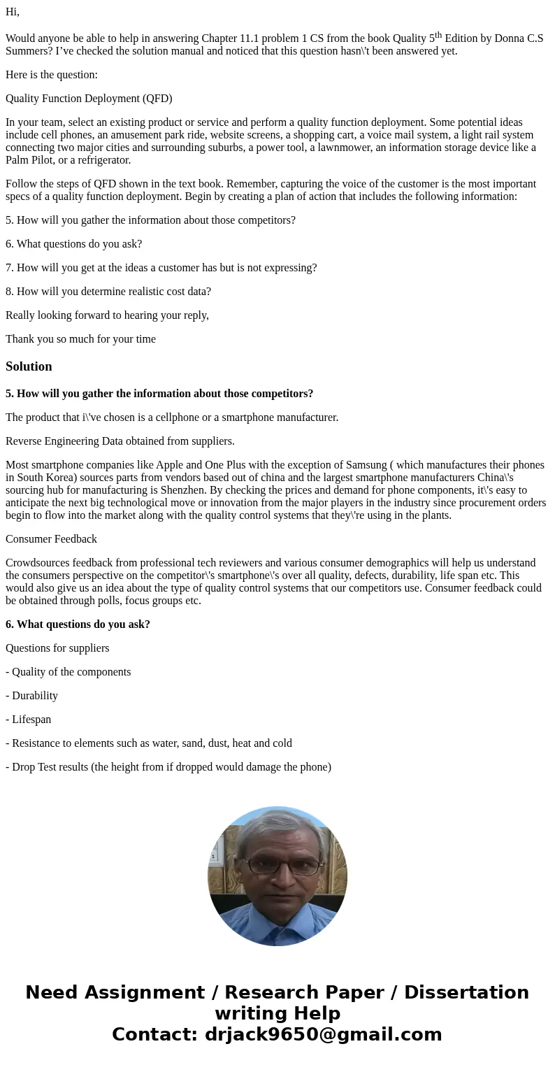 Hi, Would anyone be able to help in answering Chapter 11.1 problem 1 CS from the book Quality 5th Edition by Donna C.S Summers? I’ve checked the solution manual Hi, Would anyone be able to help in answering Chapter 11.1 problem 1 CS from the book Quality 5th Edition by Donna C.S Summers? I’ve checked the solution manual