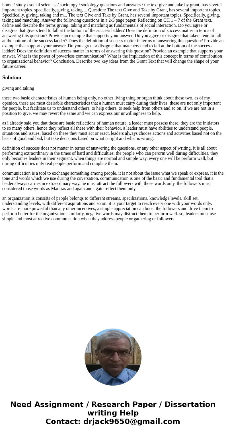 home / study / social sciences / sociology / sociology questions and answers / the text give and take by grant, has several important topics. specifically, givi