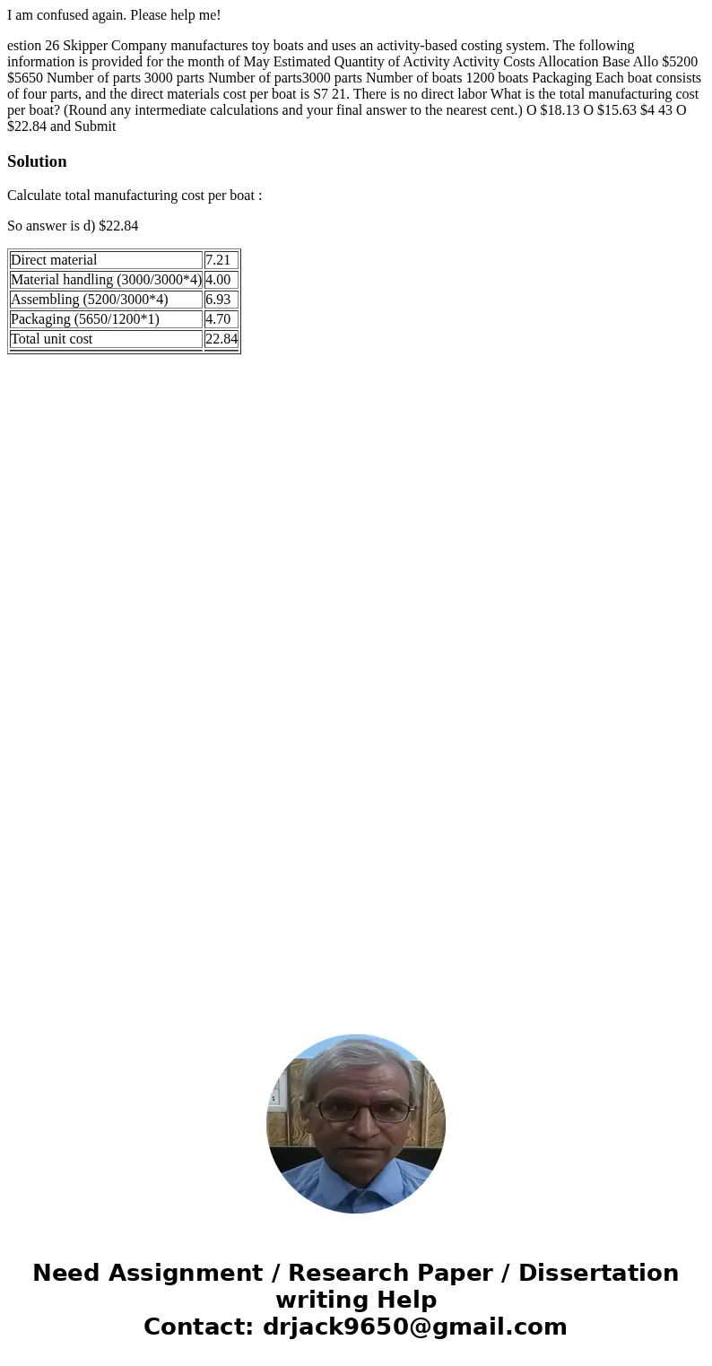  I am confused again. Please help me! estion 26 Skipper Company manufactures toy boats and uses an activity-based costing system. The following information is p
