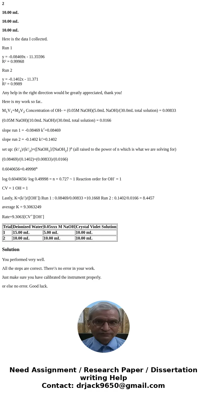 I am doing the Crystal Violet reaction with NaOH Kinetic Lab NEED MY WORK CHECKED PLEASE I am not sure if my answer is correct.. Objective: Determining the init