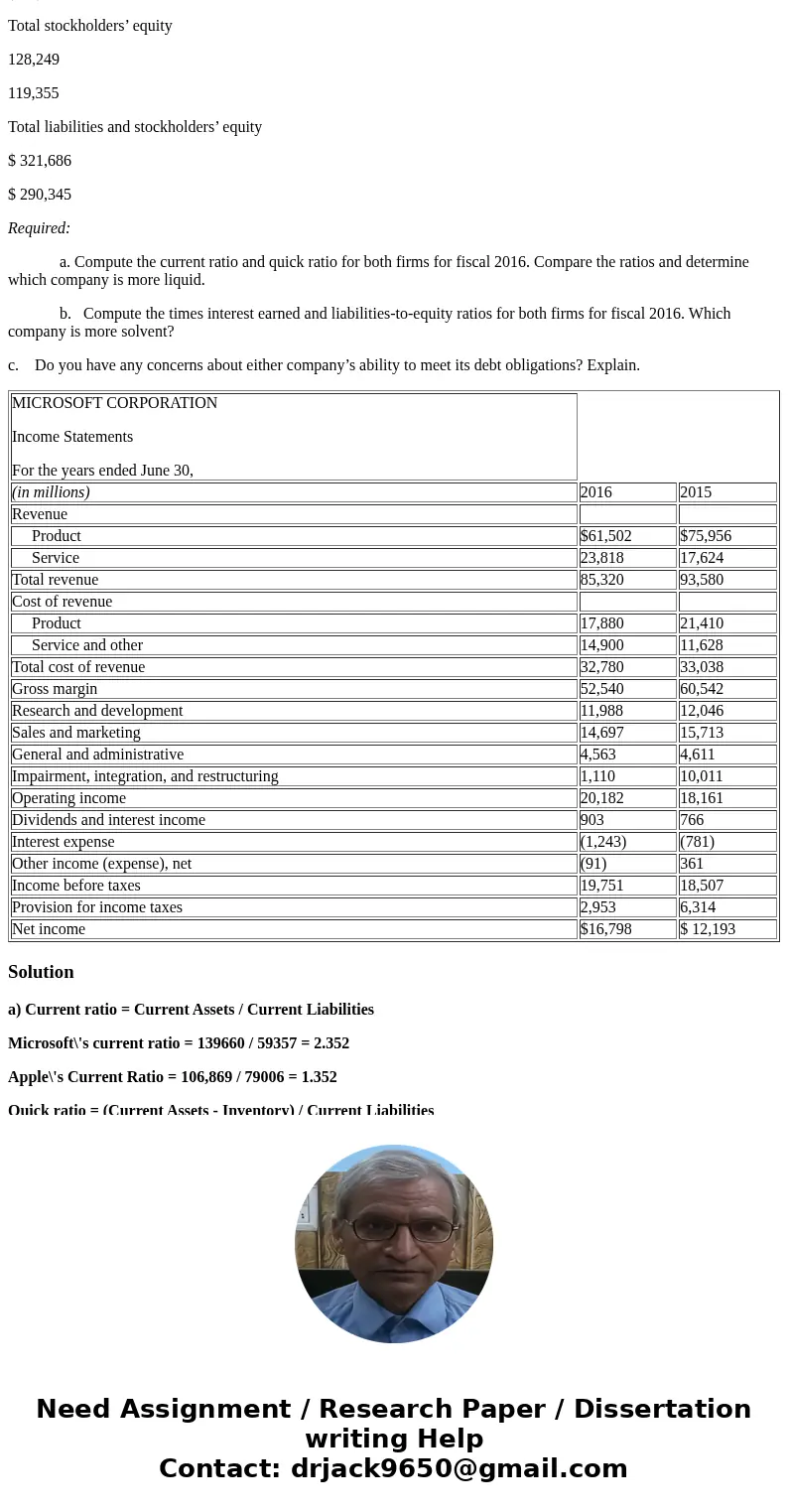 Income statements and balance sheets follow for Microsoft Corporation and Apple Inc. Refer to these financial statements to answer the requirements. MICROSOFT C