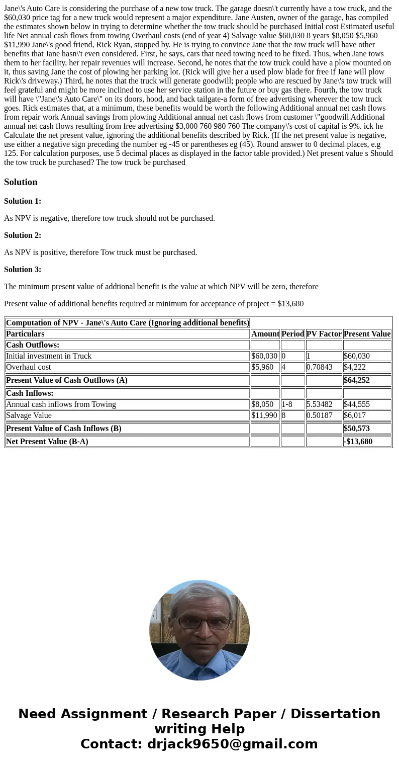  Jane\'s Auto Care is considering the purchase of a new tow truck. The garage doesn\'t currently have a tow truck, and the $60,030 price tag for a new truck wou