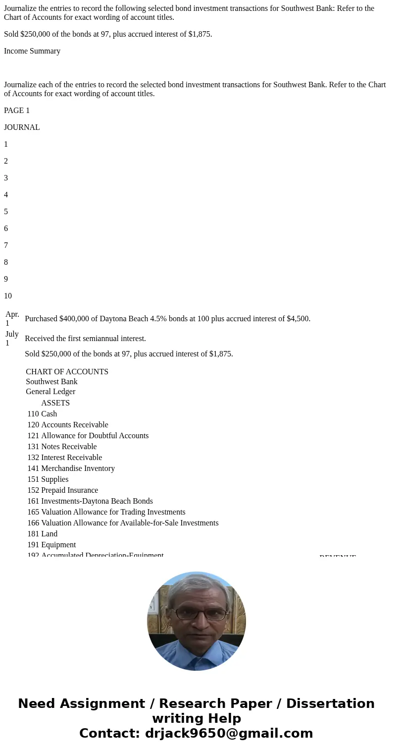 Journalize the entries to record the following selected bond investment transactions for Southwest Bank: Refer to the Chart of Accounts for exact wording of acc