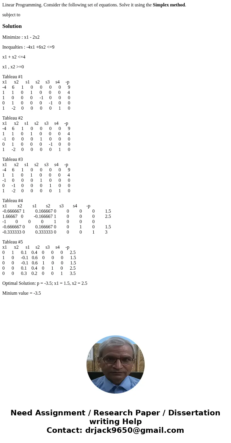 Linear Programming. Consider the following set of equations. Solve it using the Simplex method. subject toSolutionMinimize : x1 - 2x2 Inequalties : -4x1 +6x2 &l Linear Programming. Consider the following set of equations. Solve it using the Simplex method. subject toSolutionMinimize : x1 - 2x2 Inequalties : -4x1 +6x2 &l