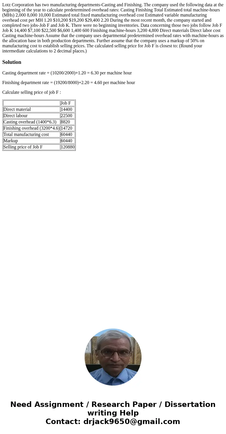  Lotz Corporation has two manufacturing departments-Casting and Finishing. The company used the following data at the beginning of the year to calculate predete