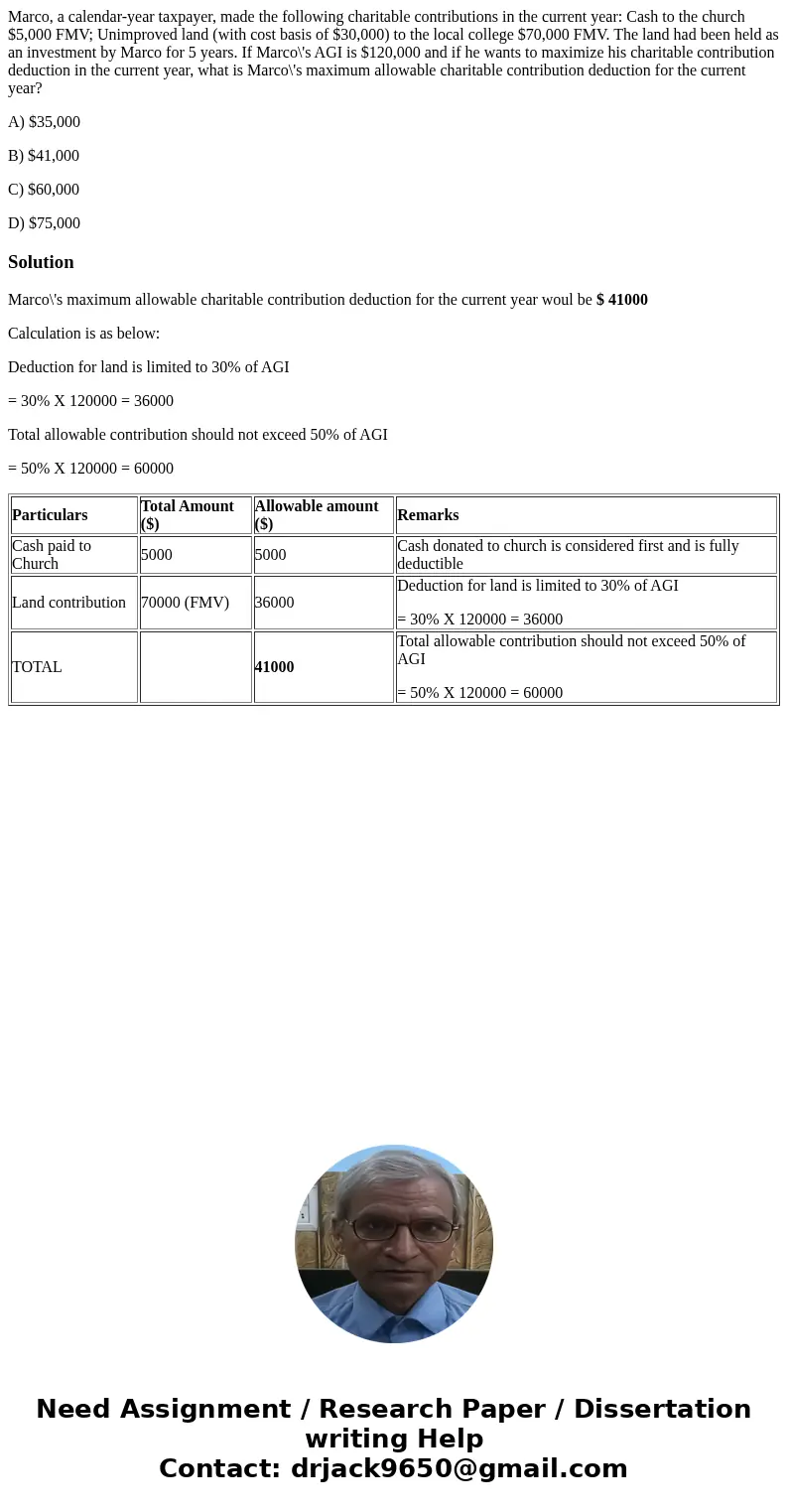 Marco, a calendar-year taxpayer, made the following charitable contributions in the current year: Cash to the church $5,000 FMV; Unimproved land (with cost basi