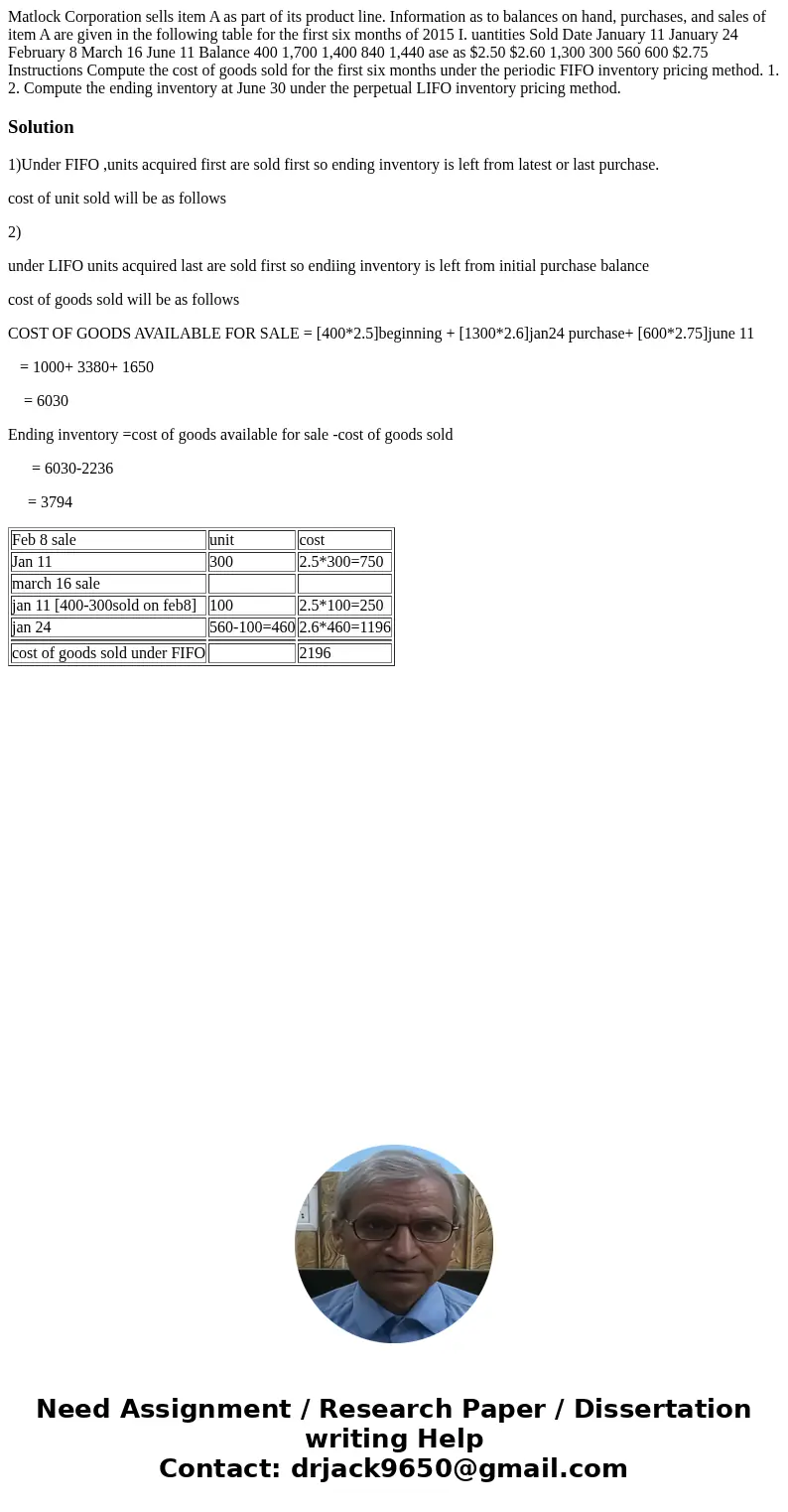  Matlock Corporation sells item A as part of its product line. Information as to balances on hand, purchases, and sales of item A are given in the following tab