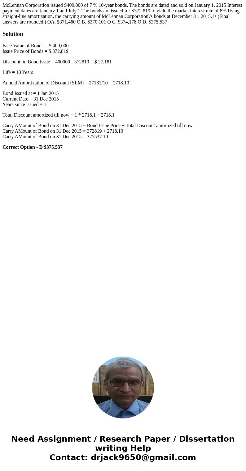 McLennan Corporation issued S400.000 of 7 % 10-year bonds. The bonds are dated and sold on January 1, 2015 Interest payment dates are January 1 and July 1 The 