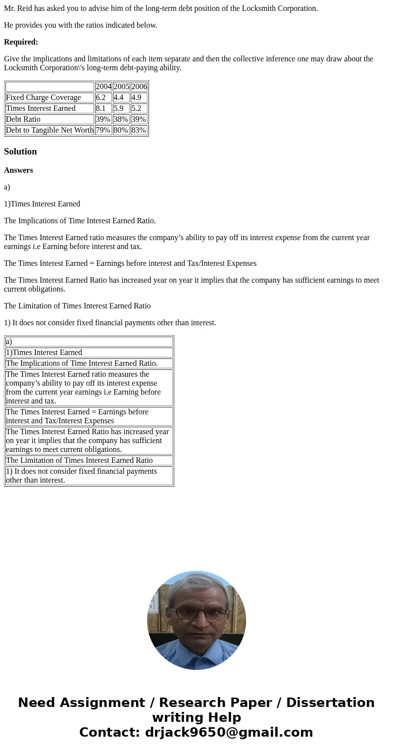 Mr. Reid has asked you to advise him of the long-term debt position of the Locksmith Corporation. He provides you with the ratios indicated below. Required: Giv Mr. Reid has asked you to advise him of the long-term debt position of the Locksmith Corporation. He provides you with the ratios indicated below. Required: Giv