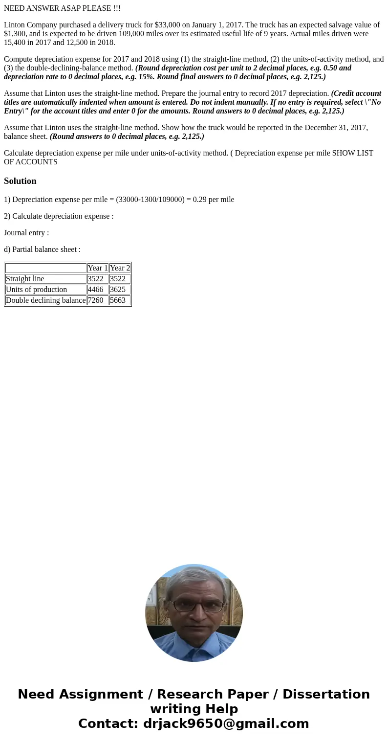 NEED ANSWER ASAP PLEASE !!! Linton Company purchased a delivery truck for $33,000 on January 1, 2017. The truck has an expected salvage value of $1,300, and is  NEED ANSWER ASAP PLEASE !!! Linton Company purchased a delivery truck for $33,000 on January 1, 2017. The truck has an expected salvage value of $1,300, and is