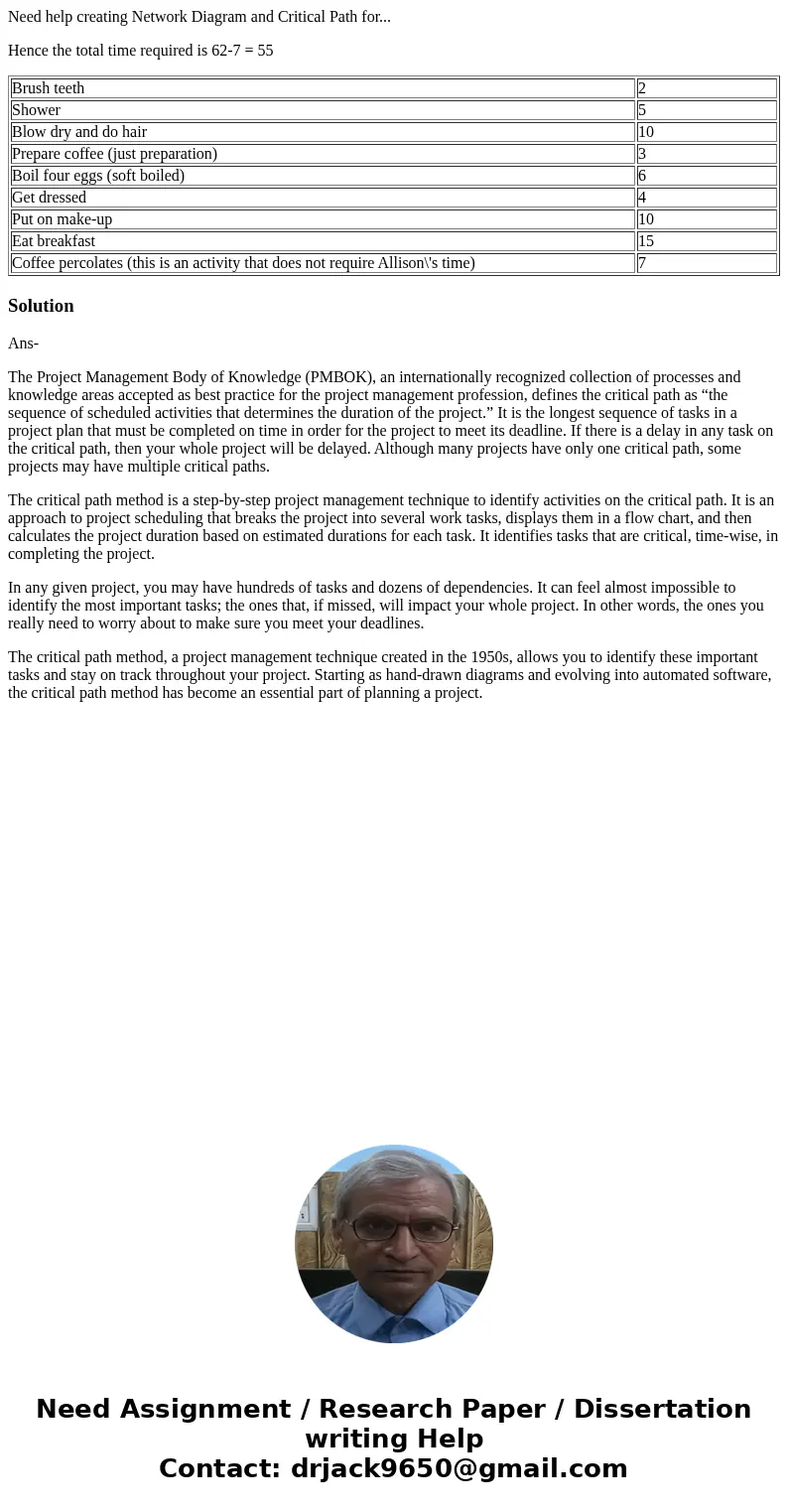 Need help creating Network Diagram and Critical Path for... Hence the total time required is 62-7 = 55 Brush teeth 2 Shower 5 Blow dry and do hair 10 Prepare co