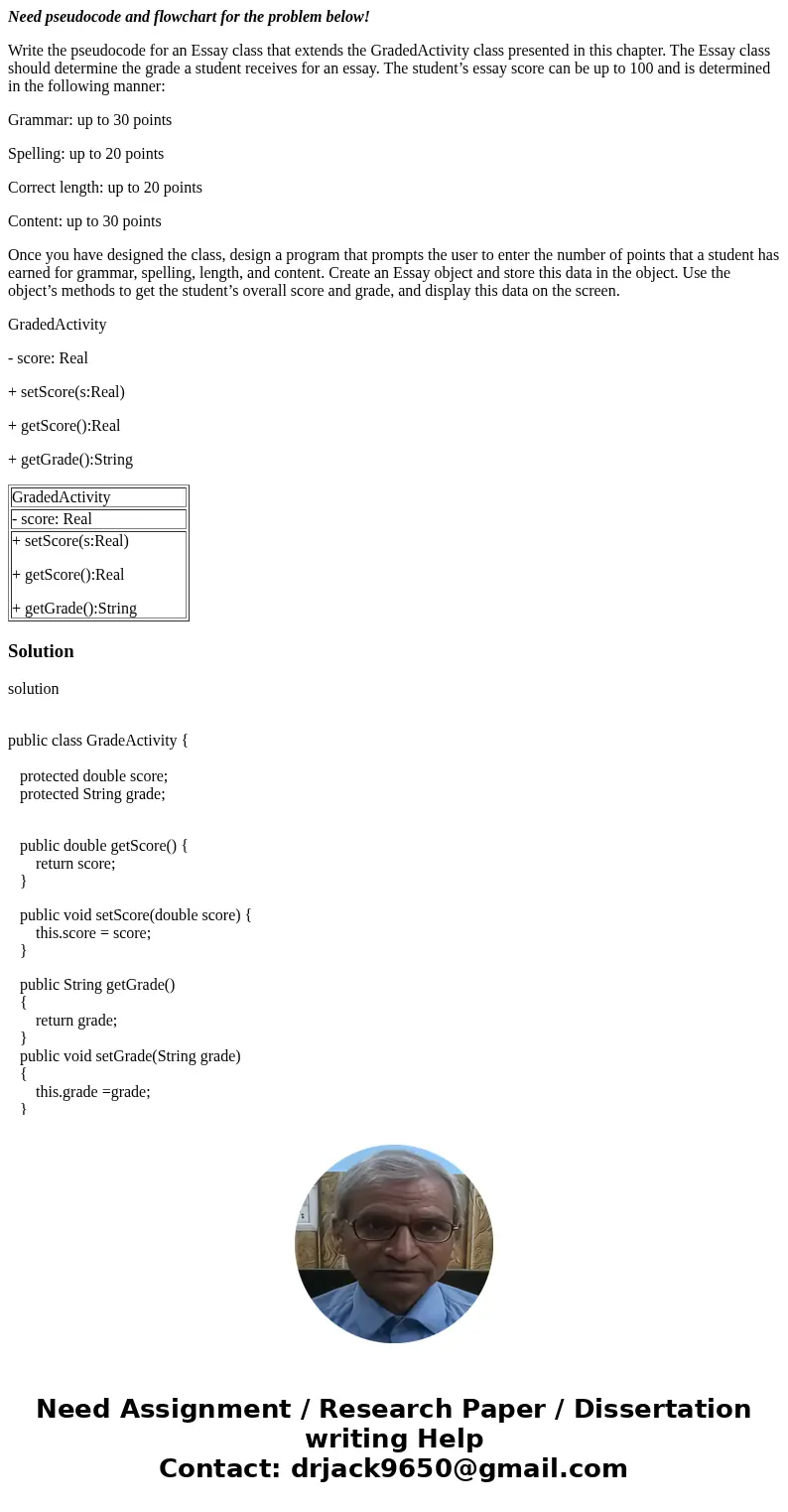 Need pseudocode and flowchart for the problem below! Write the pseudocode for an Essay class that extends the GradedActivity class presented in this chapter. Th Need pseudocode and flowchart for the problem below! Write the pseudocode for an Essay class that extends the GradedActivity class presented in this chapter. Th