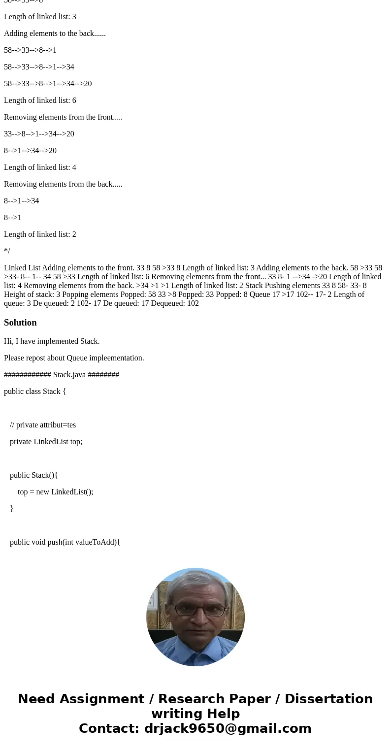 Netbeans - Java 1- Write a Stack class. This class should use your LinkedList class. Your stack should hold integers. It must contain the following methods: Sta Netbeans - Java 1- Write a Stack class. This class should use your LinkedList class. Your stack should hold integers. It must contain the following methods: Sta