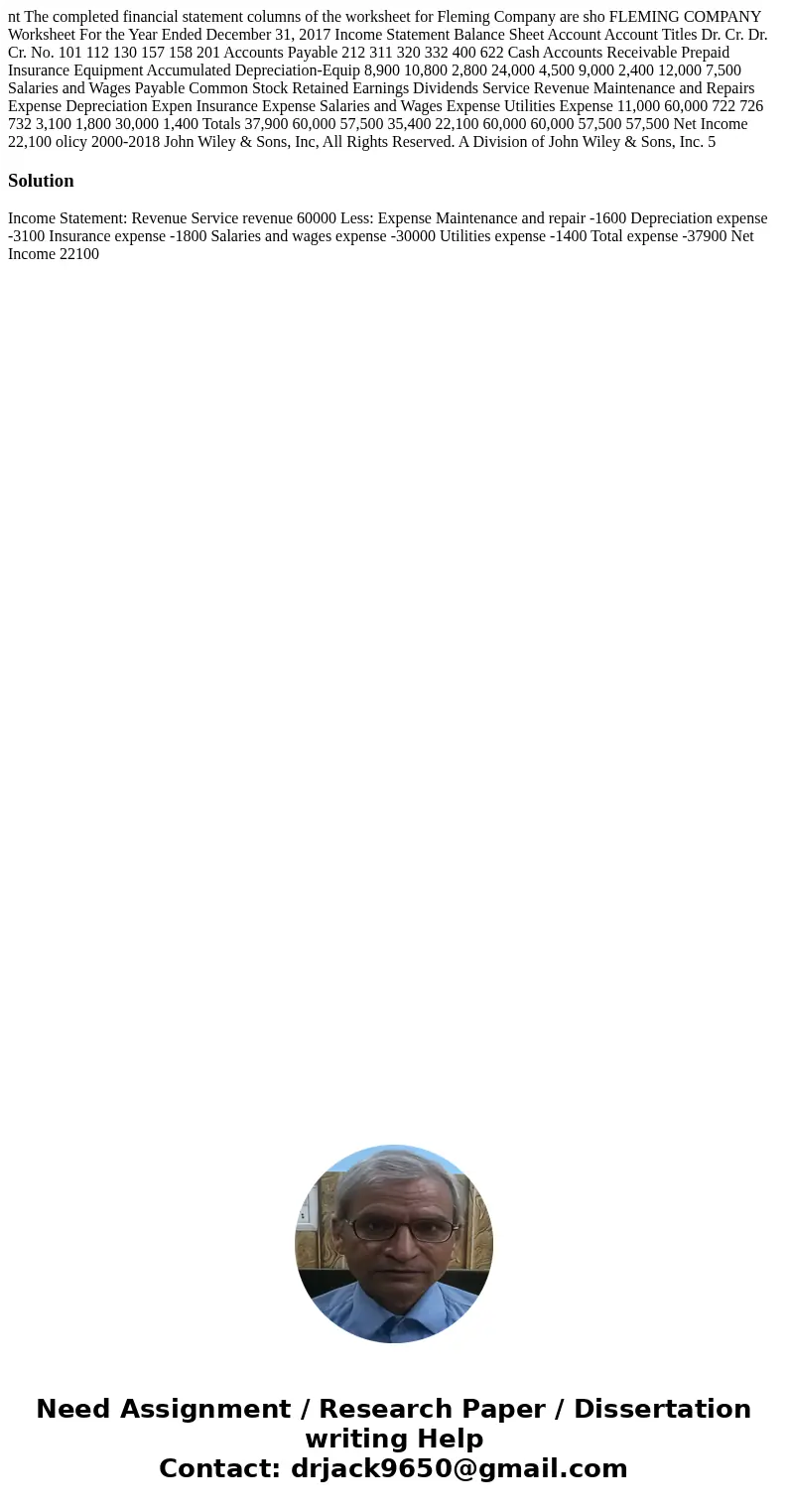 nt The completed financial statement columns of the worksheet for Fleming Company are sho FLEMING COMPANY Worksheet For the Year Ended December 31, 2017 Income  nt The completed financial statement columns of the worksheet for Fleming Company are sho FLEMING COMPANY Worksheet For the Year Ended December 31, 2017 Income