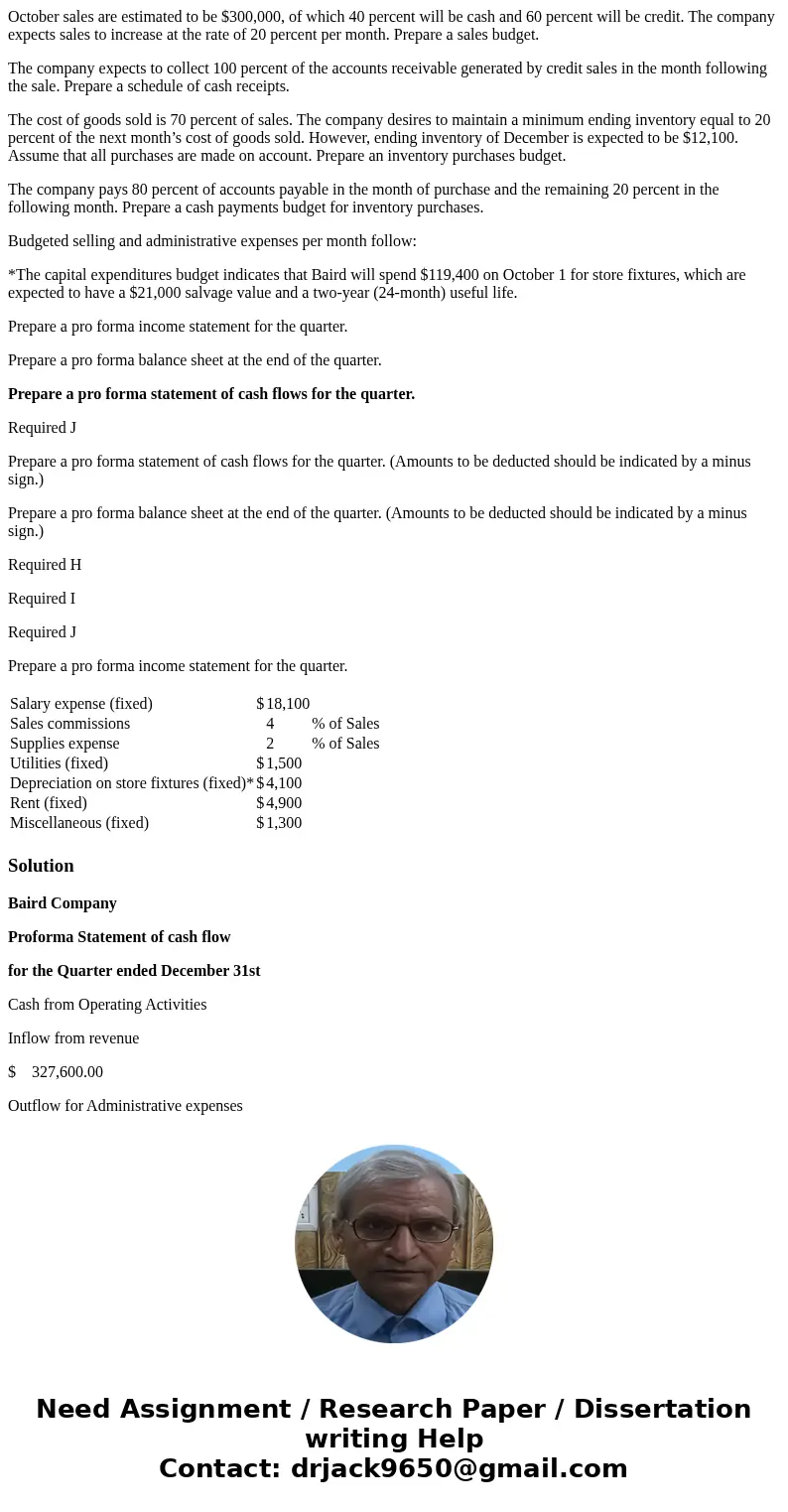 October sales are estimated to be $300,000, of which 40 percent will be cash and 60 percent will be credit. The company expects sales to increase at the rate of