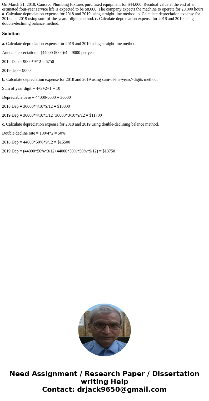 On March 31, 2018, Canseco Plumbing Fixtures purchased equipment for $44,000. Residual value at the end of an estimated four-year service life is expected to be On March 31, 2018, Canseco Plumbing Fixtures purchased equipment for $44,000. Residual value at the end of an estimated four-year service life is expected to be